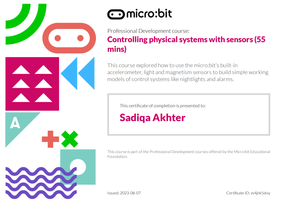 Micro:bit controlling physical systems with sensors certificate