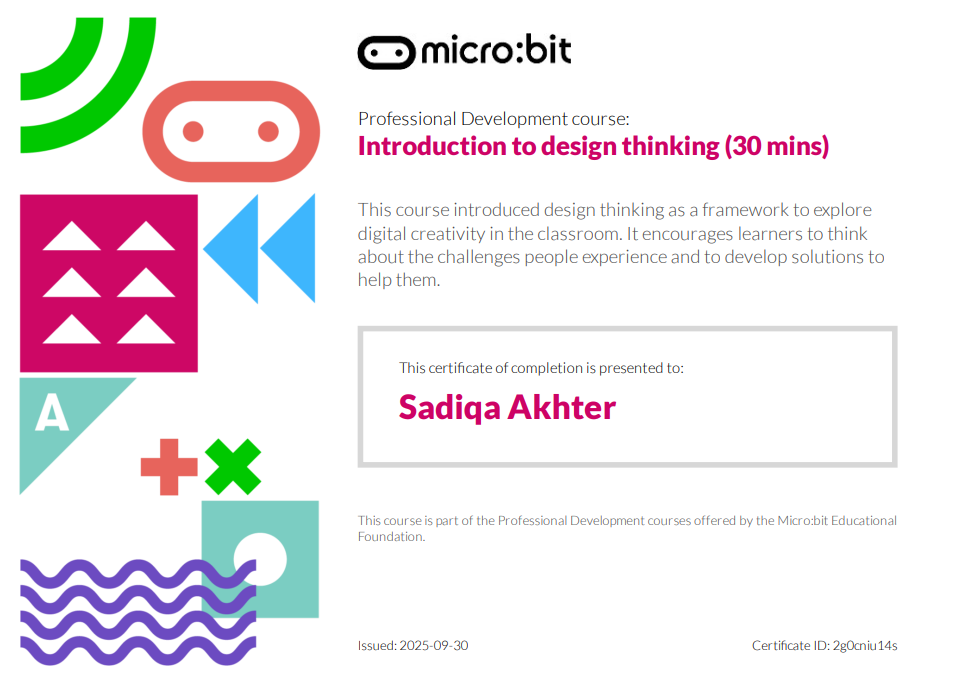 Micro:bit design thinking certificate