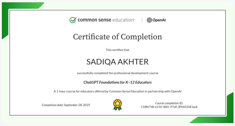 ChatGPT K-12 certificate by Common Sense